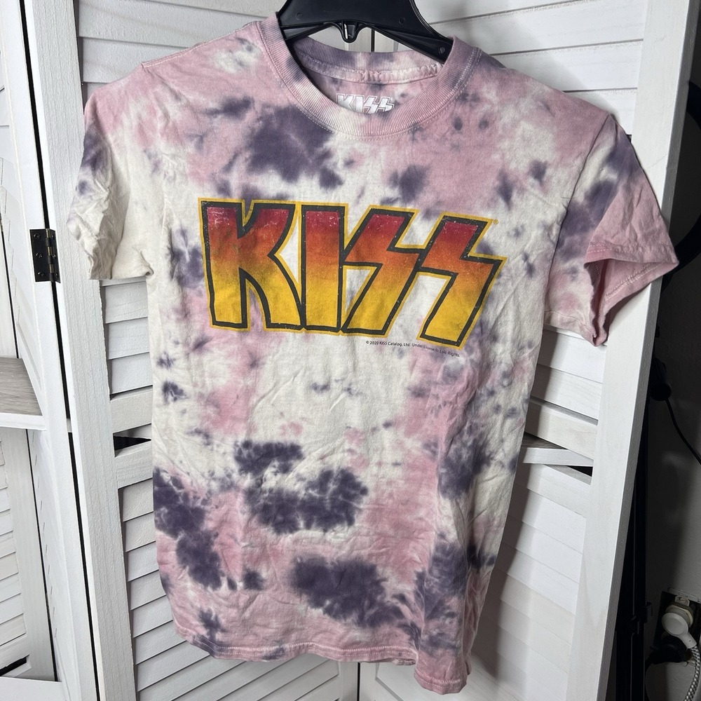 KISS Band T-Shirt Tie Dyed Unisex Size Small Preloved Pink/Purple/White
